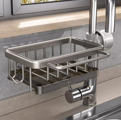 Faucet‑Mounted Sink‑Sponge‑Holder | Tool‑Free Install, Removable‑Drip‑Tray & Side‑Hook🏠