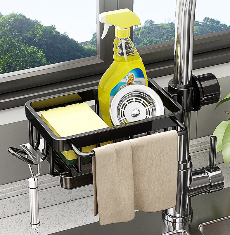 Faucet‑Mounted Sink‑Sponge‑Holder | Tool‑Free Install, Removable‑Drip‑Tray & Side‑Hook🏠