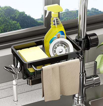 Faucet‑Mounted Sink‑Sponge‑Holder | Tool‑Free Install, Removable‑Drip‑Tray & Side‑Hook🏠