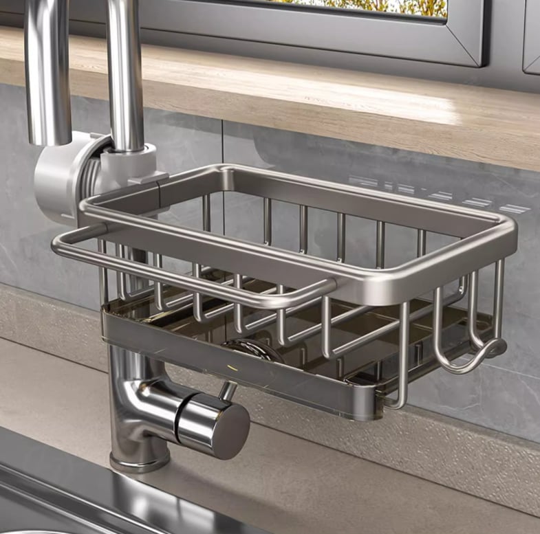 Faucet‑Mounted Sink‑Sponge‑Holder | Tool‑Free Install, Removable‑Drip‑Tray & Side‑Hook🏠