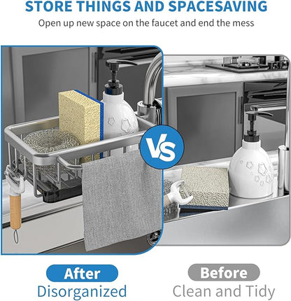 Faucet‑Mounted Sink‑Sponge‑Holder | Tool‑Free Install, Removable‑Drip‑Tray & Side‑Hook🏠