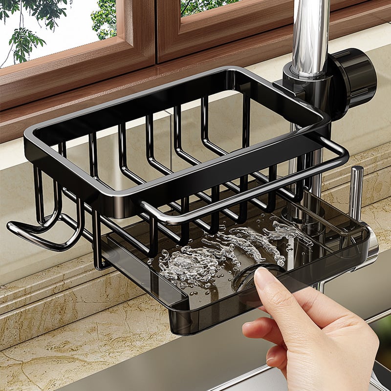 Faucet‑Mounted Sink‑Sponge‑Holder | Tool‑Free Install, Removable‑Drip‑Tray & Side‑Hook🏠