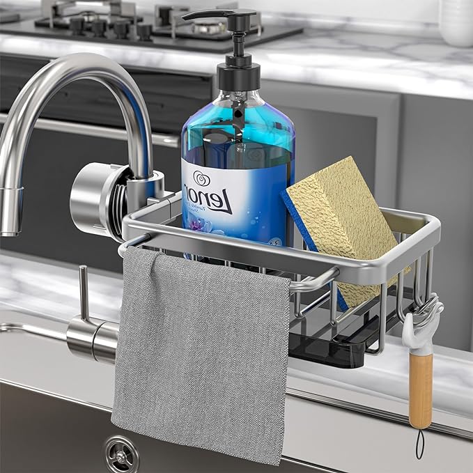 Faucet‑Mounted Sink‑Sponge‑Holder | Tool‑Free Install, Removable‑Drip‑Tray & Side‑Hook🏠