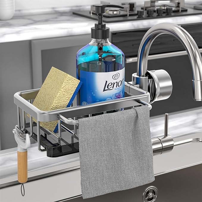 Faucet‑Mounted Sink‑Sponge‑Holder | Tool‑Free Install, Removable‑Drip‑Tray & Side‑Hook🏠
