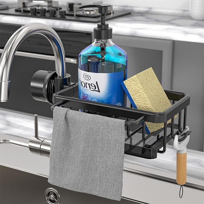 Faucet‑Mounted Sink‑Sponge‑Holder | Tool‑Free Install, Removable‑Drip‑Tray & Side‑Hook🏠