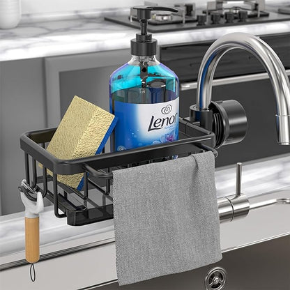 Faucet‑Mounted Sink‑Sponge‑Holder | Tool‑Free Install, Removable‑Drip‑Tray & Side‑Hook🏠