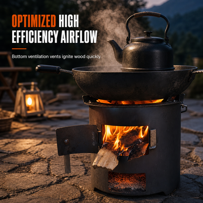 🎁2026 New Arrivals 50% OFF💥 Heavy‑Duty Carbon Steel Camping Stove – Wood & Charcoal, High‑Draft Airflow, 3‑in‑1 Cooktop 🍳