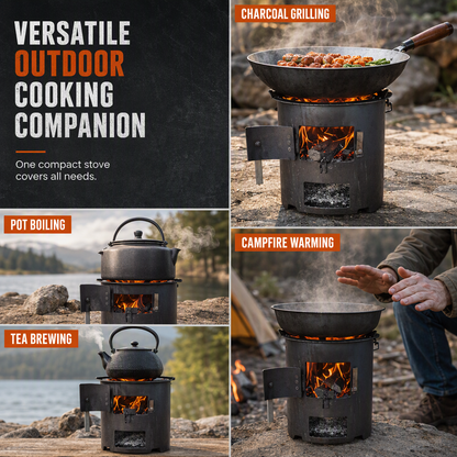 🎁2026 New Arrivals 50% OFF💥 Heavy‑Duty Carbon Steel Camping Stove – Wood & Charcoal, High‑Draft Airflow, 3‑in‑1 Cooktop 🍳