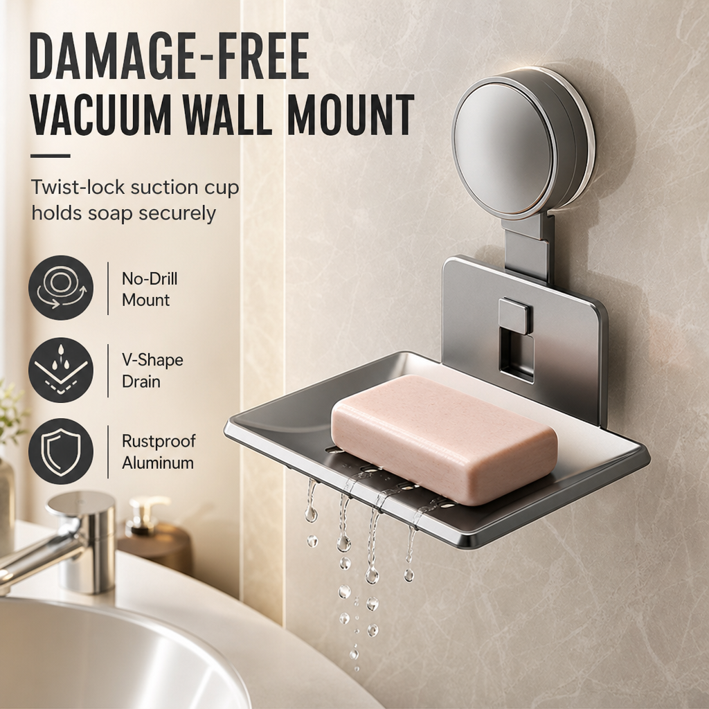 🧼 Vacuum Suction Soap Dish: V-Shaped Drainage, Rustproof Aluminum, No Drilling, Twist-Lock