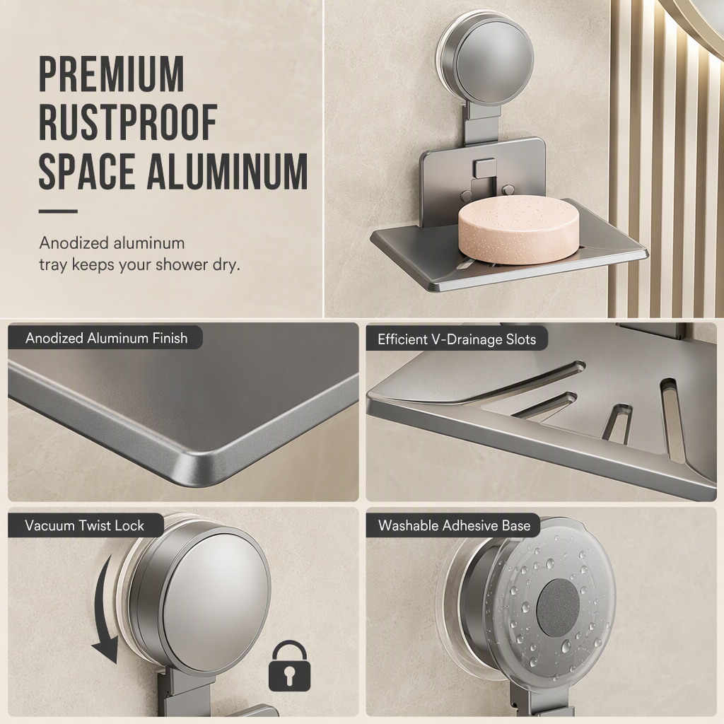 🧼 Vacuum Suction Soap Dish: V-Shaped Drainage, Rustproof Aluminum, No Drilling, Twist-Lock