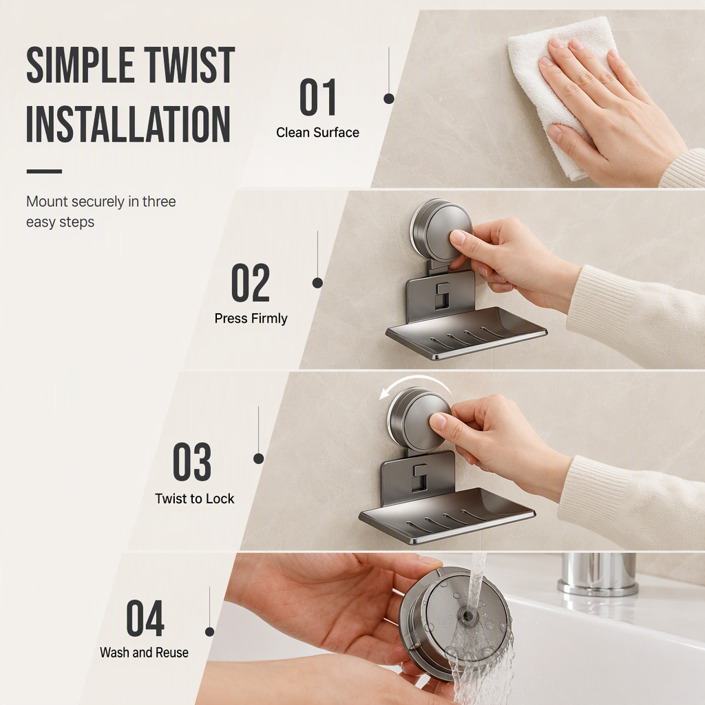 🧼 Vacuum Suction Soap Dish: V-Shaped Drainage, Rustproof Aluminum, No Drilling, Twist-Lock