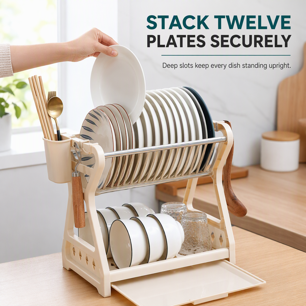 🍽️ Kitchen Dish Drying Rack: Vertical Steel, 12 Plates, Drip Tray, Tool-Free Assembly
