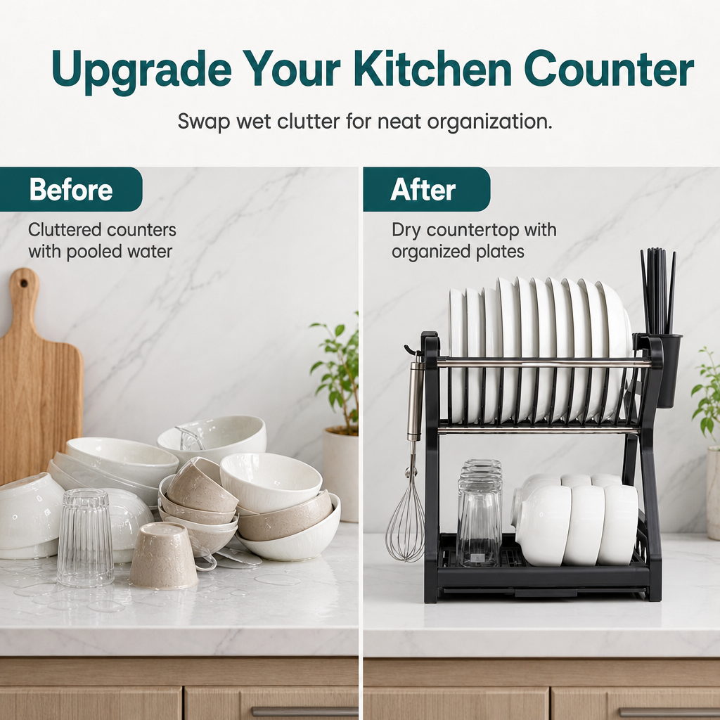 🍽️ Kitchen Dish Drying Rack: Vertical Steel, 12 Plates, Drip Tray, Tool-Free Assembly
