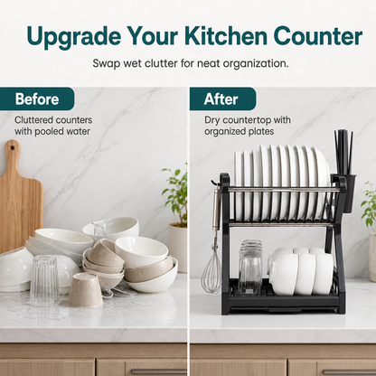 🍽️ Kitchen Dish Drying Rack: Vertical Steel, 12 Plates, Drip Tray, Tool-Free Assembly