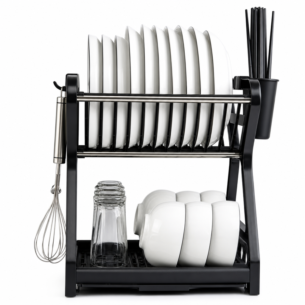 🍽️ Kitchen Dish Drying Rack: Vertical Steel, 12 Plates, Drip Tray, Tool-Free Assembly