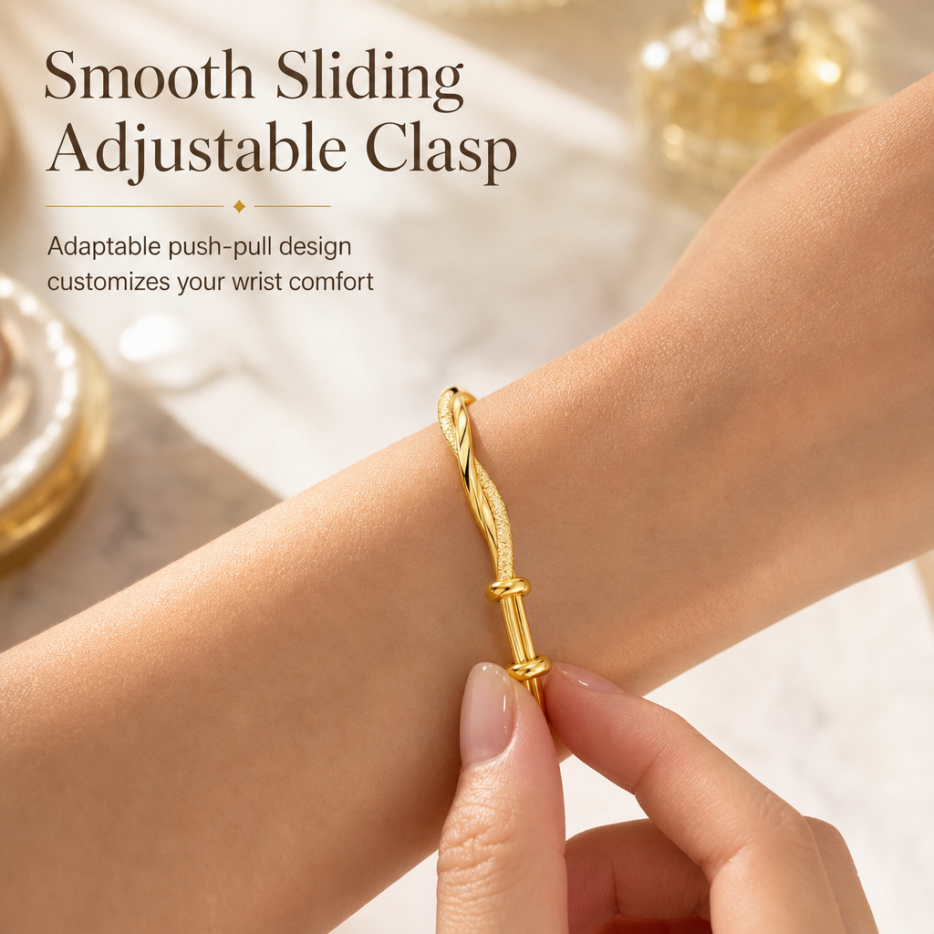 🌀 Infinite Mobius Twist Bangle: Smooth Sliding Adjustable Clasp, Dual Textured Finish, Electroplated Anti-Fade Jewelry