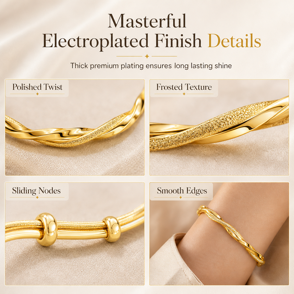 🌀 Infinite Mobius Twist Bangle: Smooth Sliding Adjustable Clasp, Dual Textured Finish, Electroplated Anti-Fade Jewelry