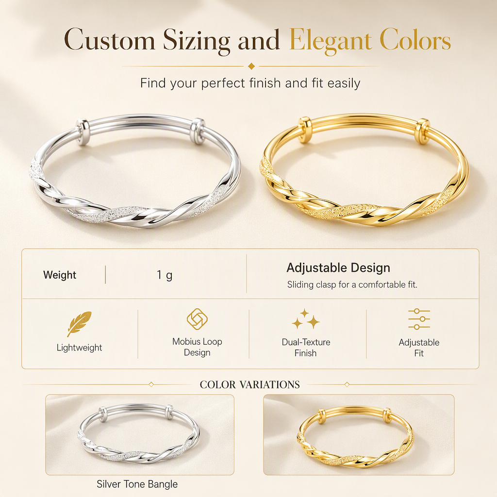 🌀 Infinite Mobius Twist Bangle: Smooth Sliding Adjustable Clasp, Dual Textured Finish, Electroplated Anti-Fade Jewelry