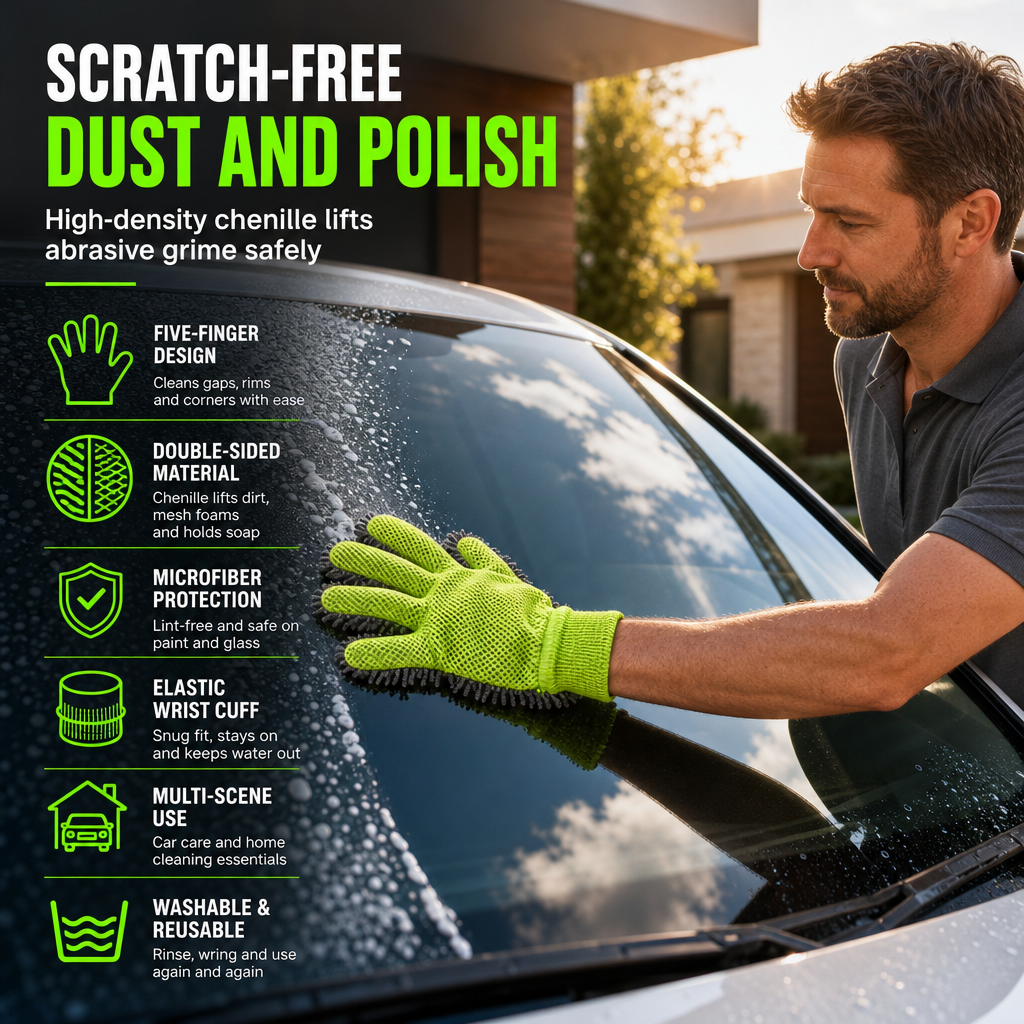 Thickened Plush Five Finger Car Wash Glove with Sandwich Mesh for Vehicle Detailing and Household Cleaning