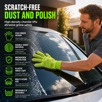 Thickened Plush Five Finger Car Wash Glove with Sandwich Mesh for Vehicle Detailing and Household Cleaning