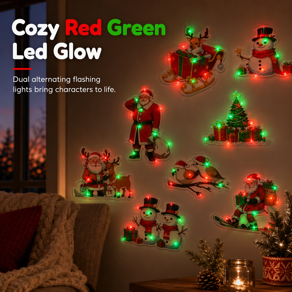 ✨🎁 LED Christmas Wall Stickers – Charming Holiday Characters & Red-and-Green Glow for Walls & Windows ⭐