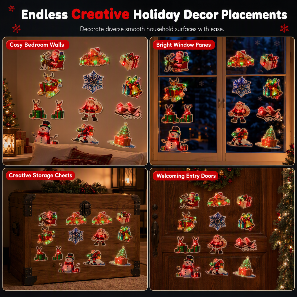 ✨🎁 LED Christmas Wall Stickers – Charming Holiday Characters & Red-and-Green Glow for Walls & Windows ⭐