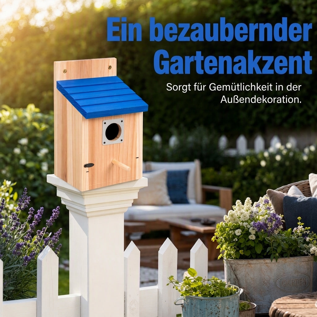 🐦 Weatherproof Wooden Outdoor Bird House – Natural Timber & Sky Blue Roof 🏡✨