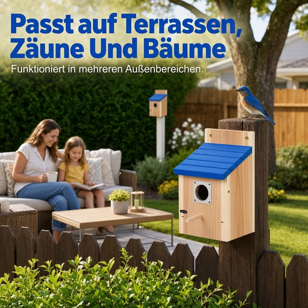 🐦 Weatherproof Wooden Outdoor Bird House – Natural Timber & Sky Blue Roof 🏡✨