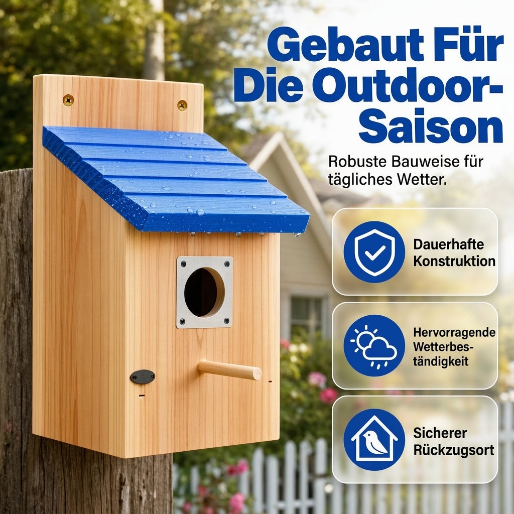 🐦 Weatherproof Wooden Outdoor Bird House – Natural Timber & Sky Blue Roof 🏡✨