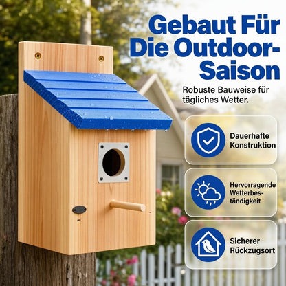 🐦 Weatherproof Wooden Outdoor Bird House – Natural Timber & Sky Blue Roof 🏡✨