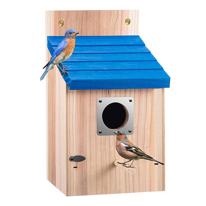 🐦 Weatherproof Wooden Outdoor Bird House – Natural Timber & Sky Blue Roof 🏡✨