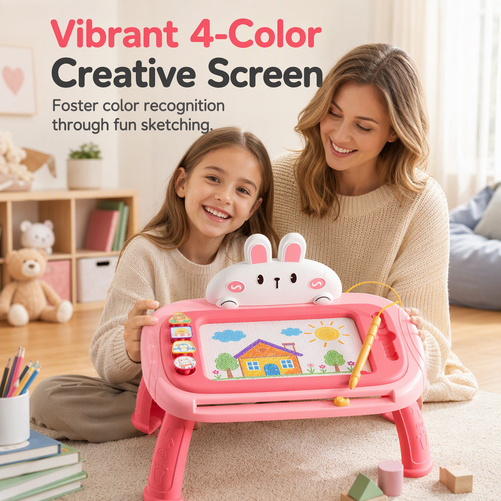 🎨 Kids Magnetic Drawing Board Table: 4-Color Screen, No Mess, Convertible, Safe Tether