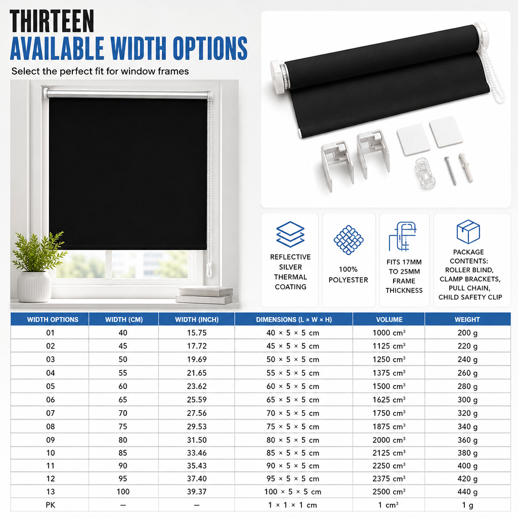 🔥50% OFF!!📢🌑 Total Blackout Roller Blinds – UV Protection & Seamless Edges, 130cm Black