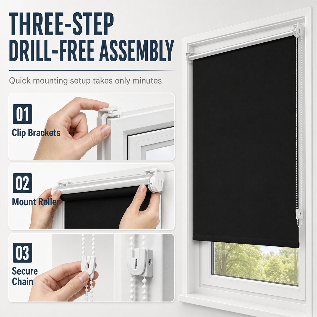 🔥50% OFF!!📢🌑 Total Blackout Roller Blinds – UV Protection & Seamless Edges, 130cm Black