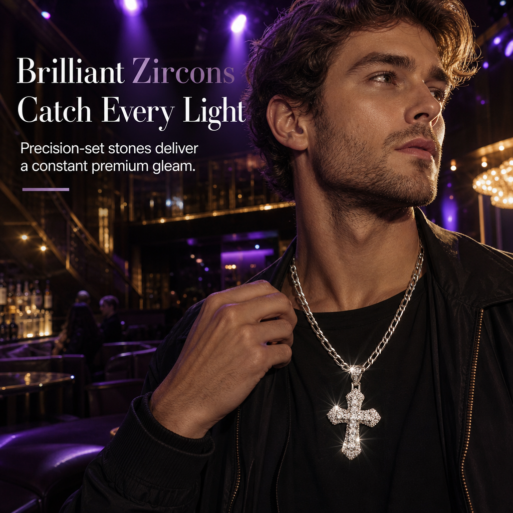 ⏳Time-Limited Special⏰Hip Hop Double Layer Baguette Rhinestone Cross Brass with Figaro Chain