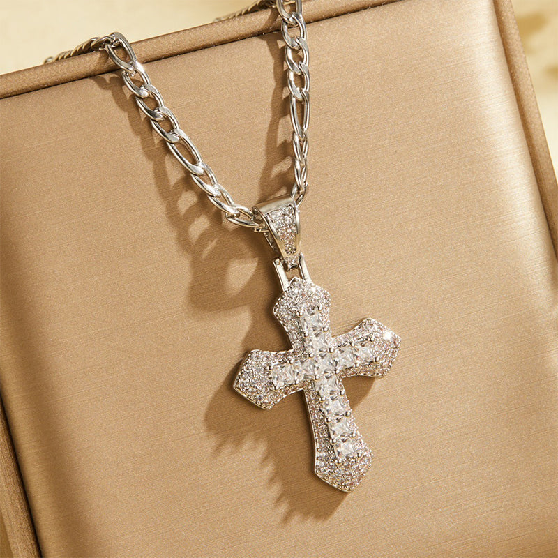 ⏳Time-Limited Special⏰Hip Hop Double Layer Baguette Rhinestone Cross Brass with Figaro Chain