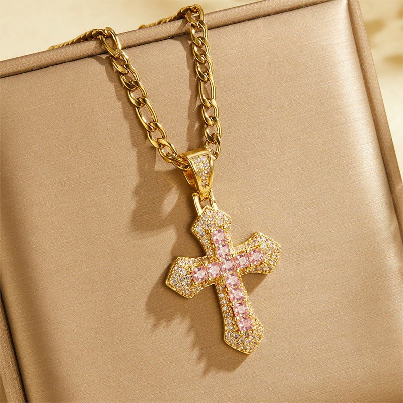 ⏳Time-Limited Special⏰Hip Hop Double Layer Baguette Rhinestone Cross Brass with Figaro Chain