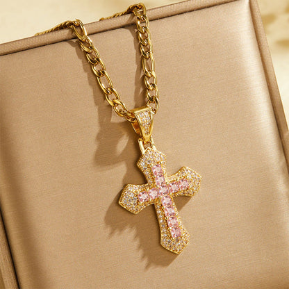 ⏳Time-Limited Special⏰Hip Hop Double Layer Baguette Rhinestone Cross Brass with Figaro Chain