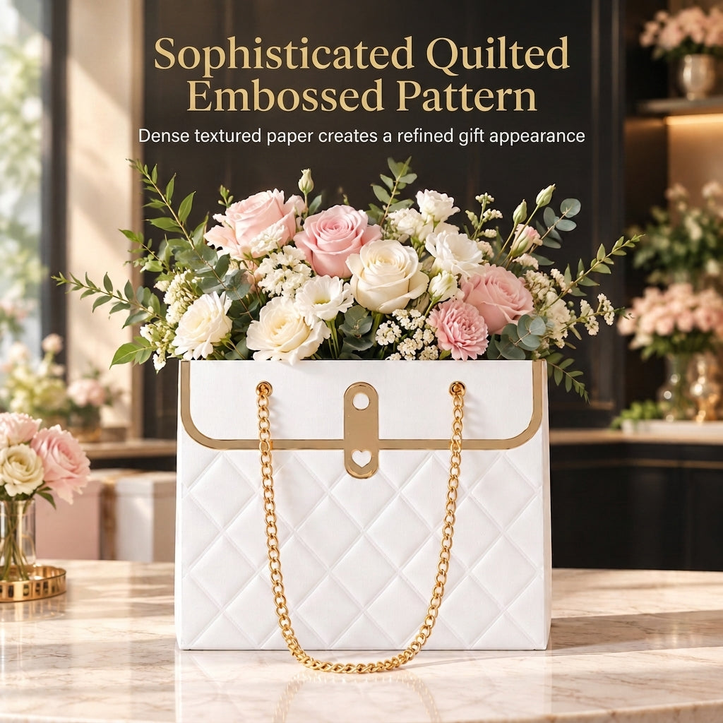 💐 50% OFF! ✨ Embossed Bouquet Gift Bag – Premium Embossed Cardboard Build, Chic Metallic Chain Carry Handle, Quilted Texture Metal Grommet Reinforcement & Self-Standing Stable Base – 4 Colors 3 Quantity Options 🎁