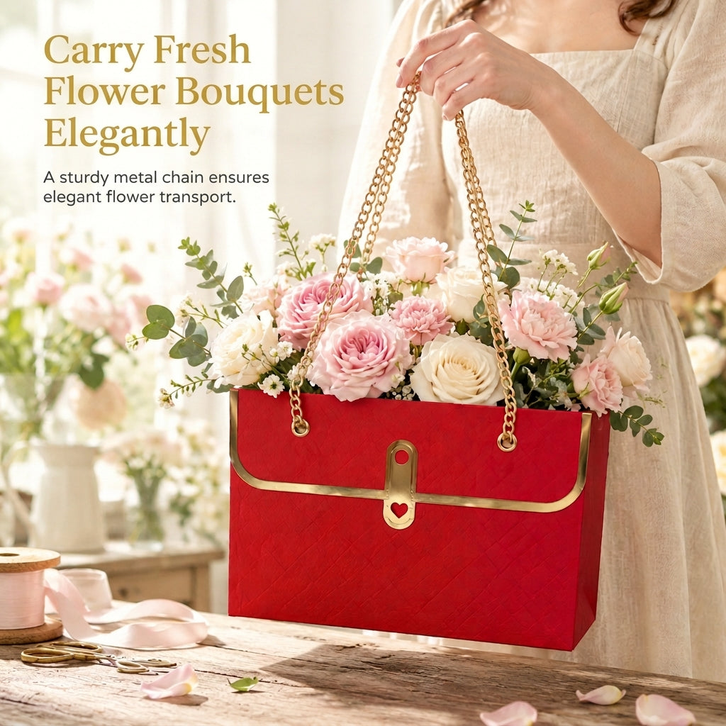 💐 50% OFF! ✨ Embossed Bouquet Gift Bag – Premium Embossed Cardboard Build, Chic Metallic Chain Carry Handle, Quilted Texture Metal Grommet Reinforcement & Self-Standing Stable Base – 4 Colors 3 Quantity Options 🎁