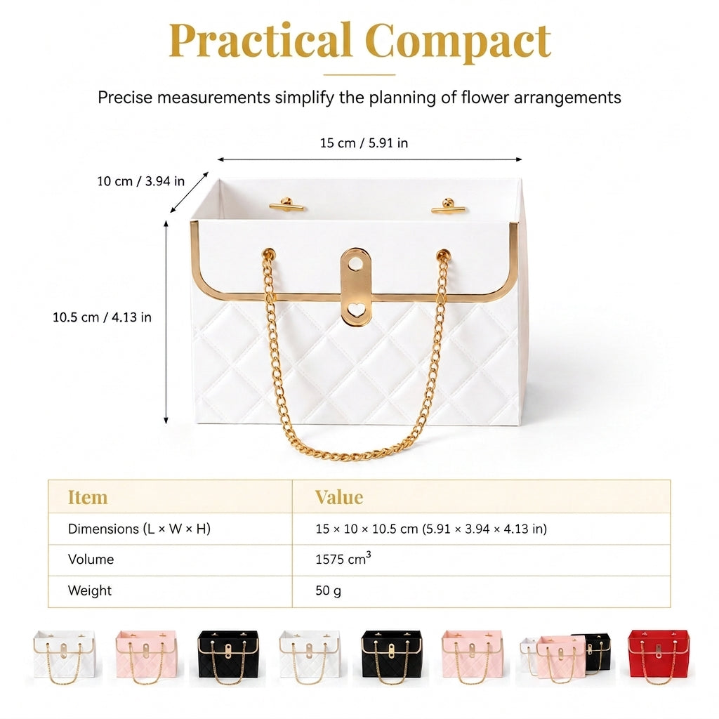 💐 50% OFF! ✨ Embossed Bouquet Gift Bag – Premium Embossed Cardboard Build, Chic Metallic Chain Carry Handle, Quilted Texture Metal Grommet Reinforcement & Self-Standing Stable Base – 4 Colors 3 Quantity Options 🎁