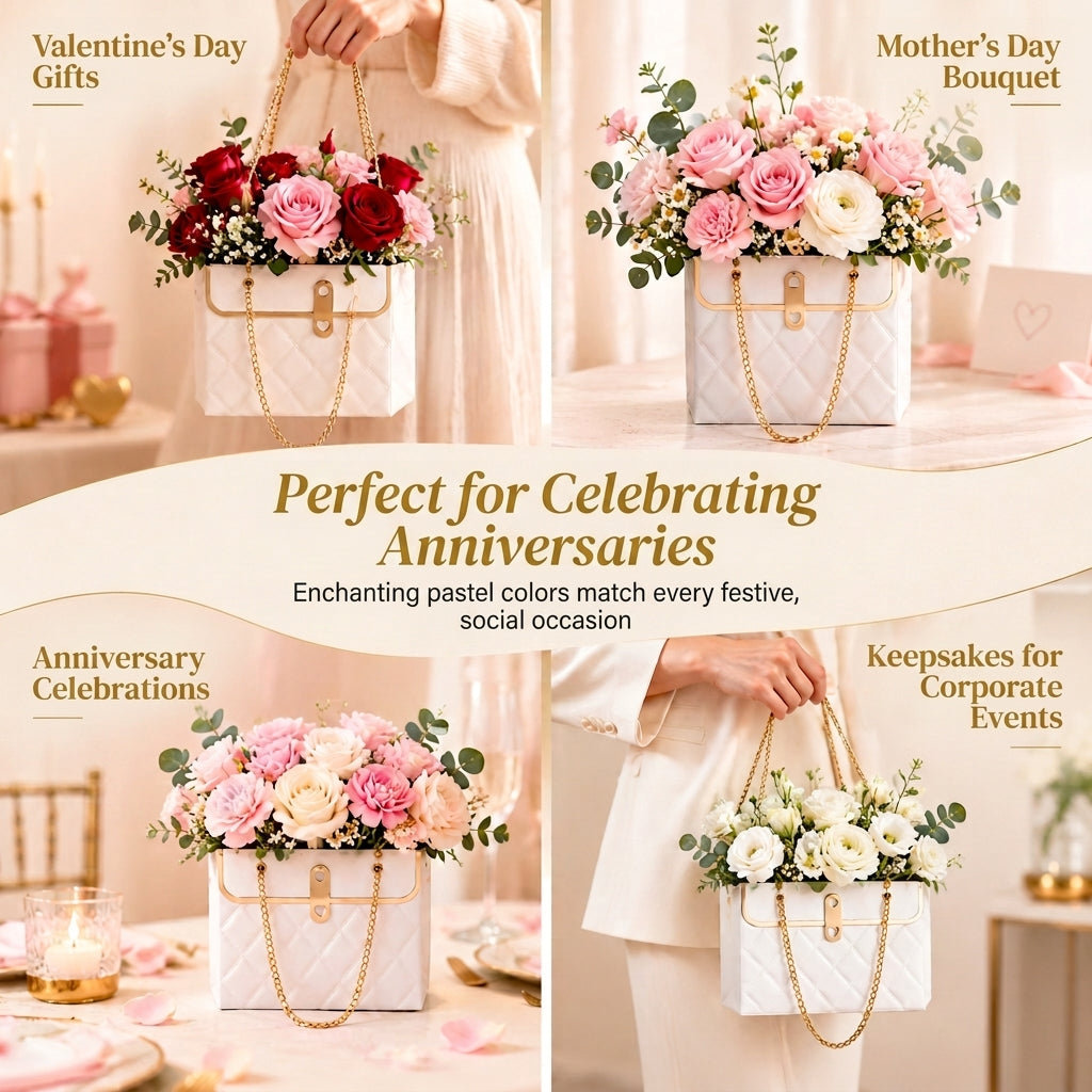 💐 50% OFF! ✨ Embossed Bouquet Gift Bag – Premium Embossed Cardboard Build, Chic Metallic Chain Carry Handle, Quilted Texture Metal Grommet Reinforcement & Self-Standing Stable Base – 4 Colors 3 Quantity Options 🎁