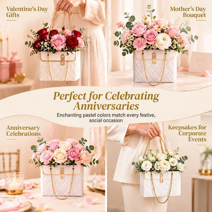 💐 50% OFF! ✨ Embossed Bouquet Gift Bag – Premium Embossed Cardboard Build, Chic Metallic Chain Carry Handle, Quilted Texture Metal Grommet Reinforcement & Self-Standing Stable Base – 4 Colors 3 Quantity Options 🎁