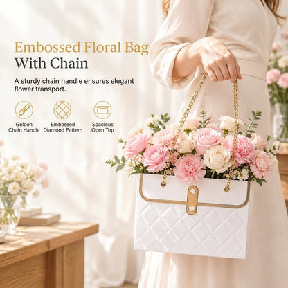 💐 50% OFF! ✨ Embossed Bouquet Gift Bag – Premium Embossed Cardboard Build, Chic Metallic Chain Carry Handle, Quilted Texture Metal Grommet Reinforcement & Self-Standing Stable Base – 4 Colors 3 Quantity Options 🎁