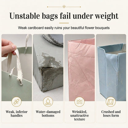 💐 50% OFF! ✨ Embossed Bouquet Gift Bag – Premium Embossed Cardboard Build, Chic Metallic Chain Carry Handle, Quilted Texture Metal Grommet Reinforcement & Self-Standing Stable Base – 4 Colors 3 Quantity Options 🎁