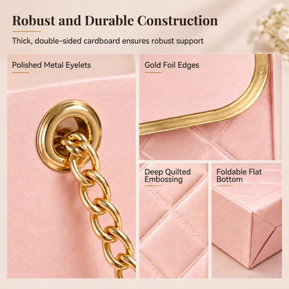 💐 50% OFF! ✨ Embossed Bouquet Gift Bag – Premium Embossed Cardboard Build, Chic Metallic Chain Carry Handle, Quilted Texture Metal Grommet Reinforcement & Self-Standing Stable Base – 4 Colors 3 Quantity Options 🎁