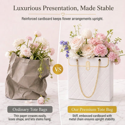 💐 50% OFF! ✨ Embossed Bouquet Gift Bag – Premium Embossed Cardboard Build, Chic Metallic Chain Carry Handle, Quilted Texture Metal Grommet Reinforcement & Self-Standing Stable Base – 4 Colors 3 Quantity Options 🎁