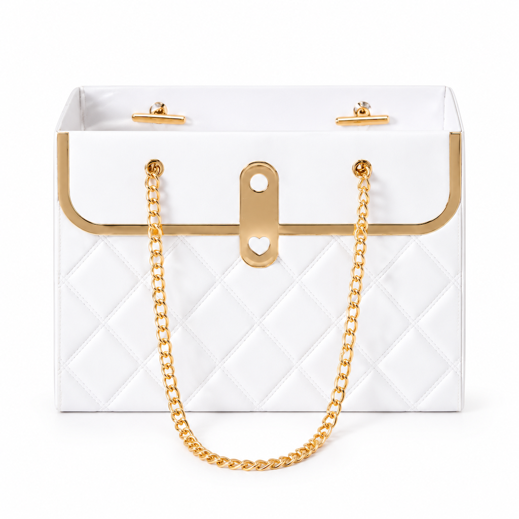 💐 50% OFF! ✨ Embossed Bouquet Gift Bag – Premium Embossed Cardboard Build, Chic Metallic Chain Carry Handle, Quilted Texture Metal Grommet Reinforcement & Self-Standing Stable Base – 4 Colors 3 Quantity Options 🎁