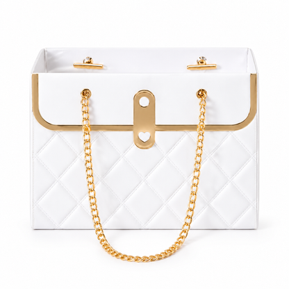💐 50% OFF! ✨ Embossed Bouquet Gift Bag – Premium Embossed Cardboard Build, Chic Metallic Chain Carry Handle, Quilted Texture Metal Grommet Reinforcement & Self-Standing Stable Base – 4 Colors 3 Quantity Options 🎁