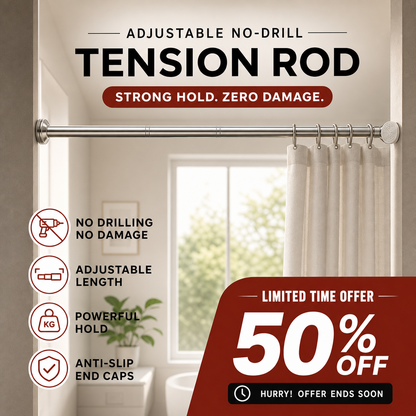 🛏️50% OFF!🔧Adjustable No-Drill Tension Rod – Damage-Free Install, Anti-Slip & Multi-Purpose, Max 15KG Load 🏠